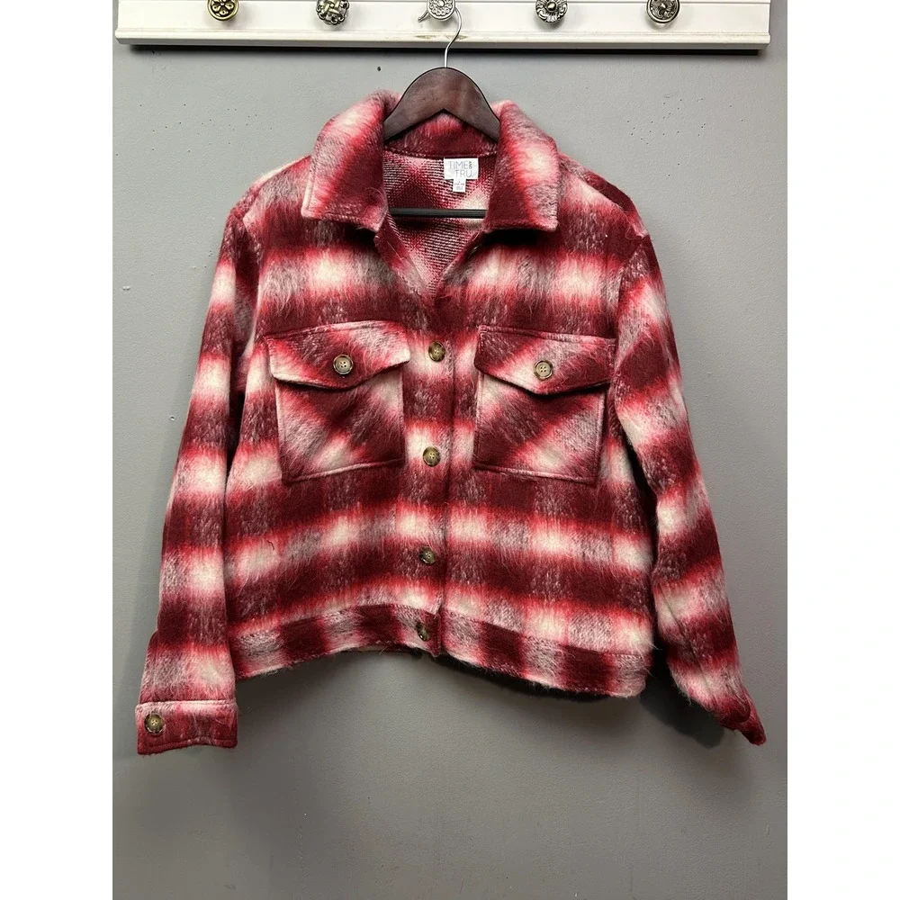 Time and Tru Jacket Womens Large Red White Plaid Button Up‎ Wool Blend Shacket